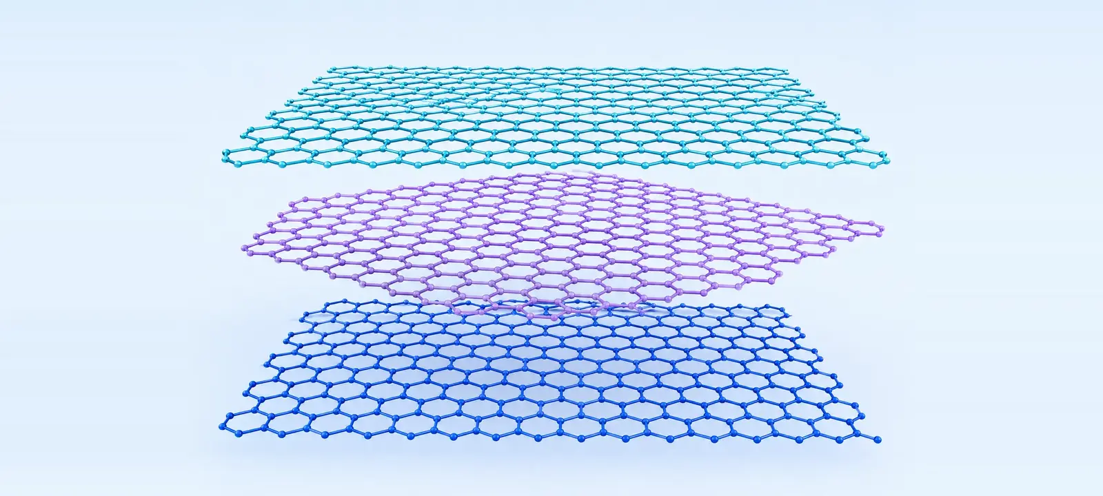 Three TMD lattices form a moiré pattern, with a slight twist in the violet middle layer.