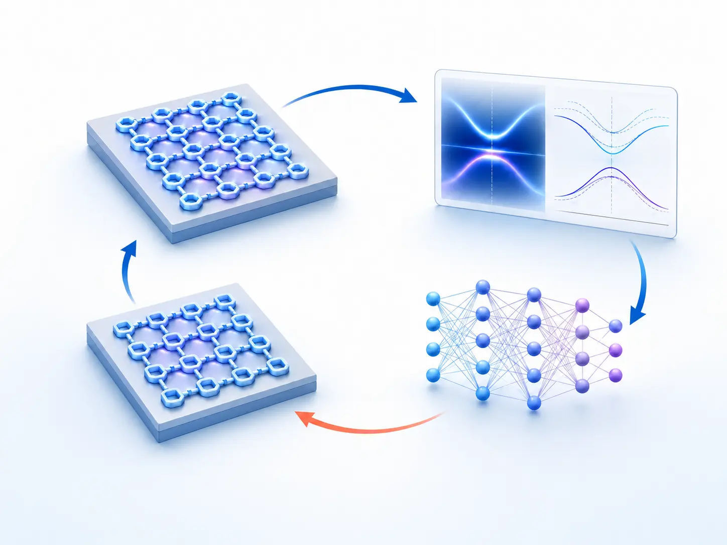 A diagram links a polaritonic lattice, its optical response, a neural network and a refined device design.